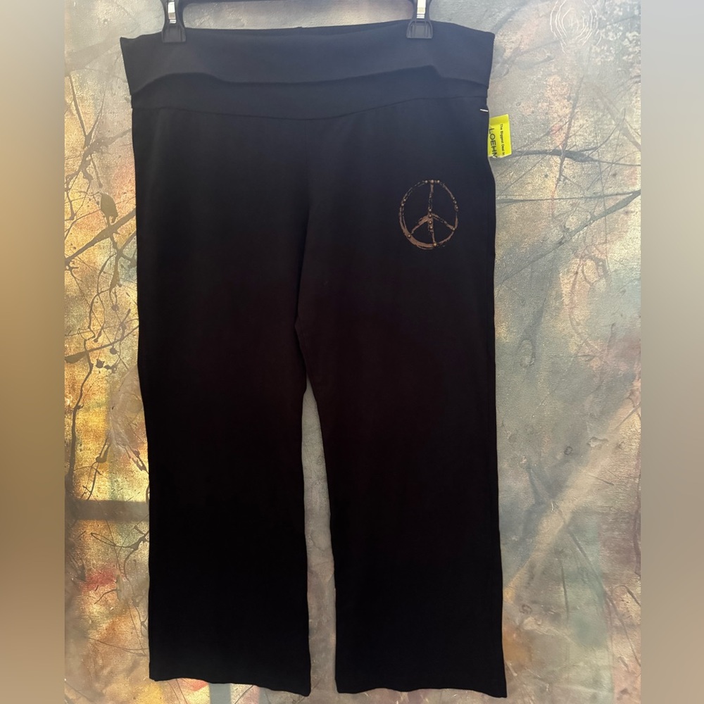 PINK LOTUS Black Pants w/ Fold-Over Waist & has Peace Sign on front - Large -NEW